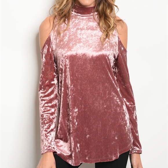 LAST 1! MAUVE VELVET COLD SHOUDLER TUNIC TOP - Picture 2 of 4